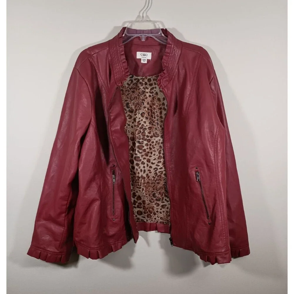 Cato Red Faux Leather Womens Motorcycle Bomber Leopard Print Jacket Size 22 / 24